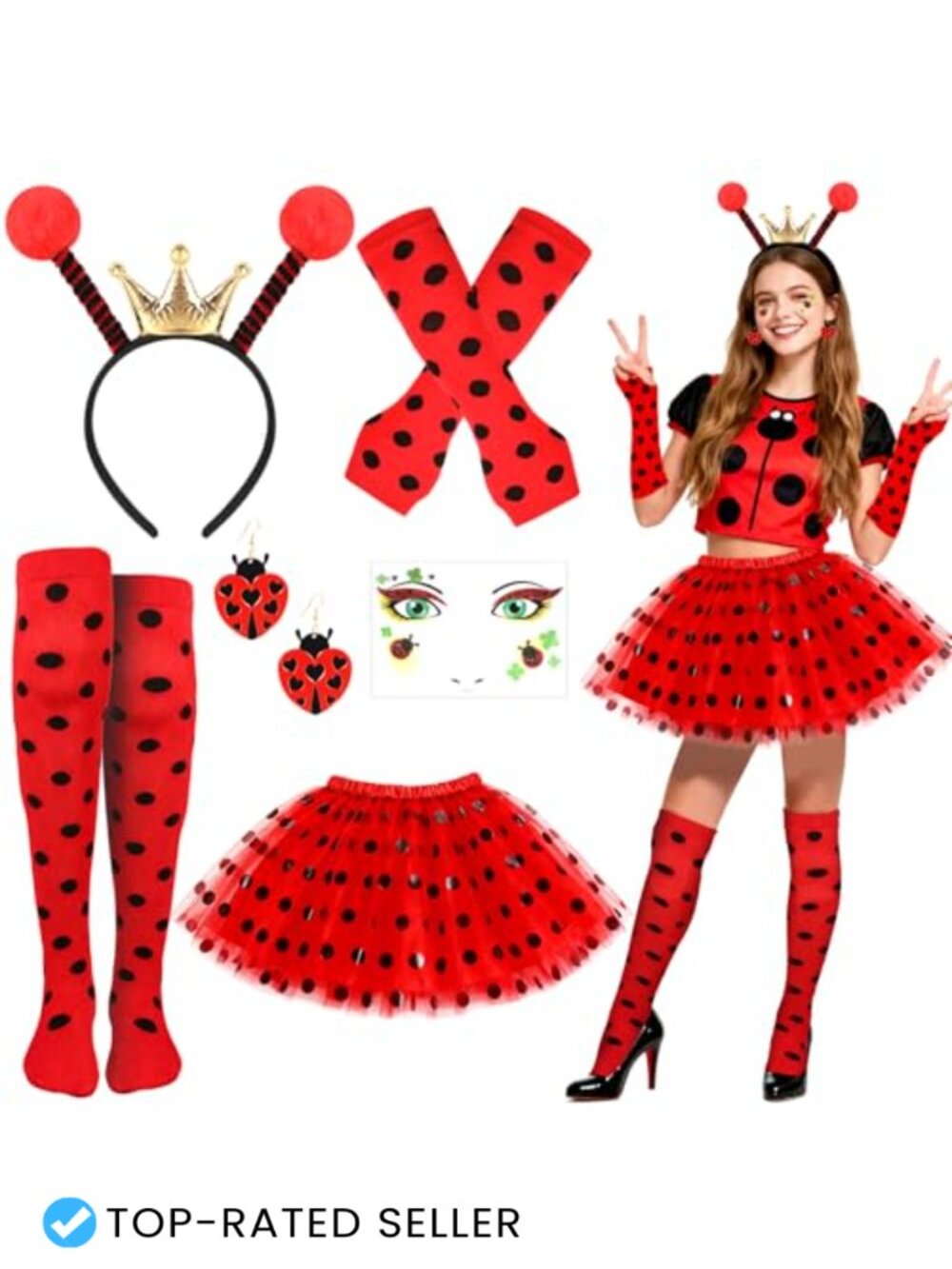 Women's 6pc Ladybug Costume Set Tutu Headband Earrings Socks Gloves Halloween